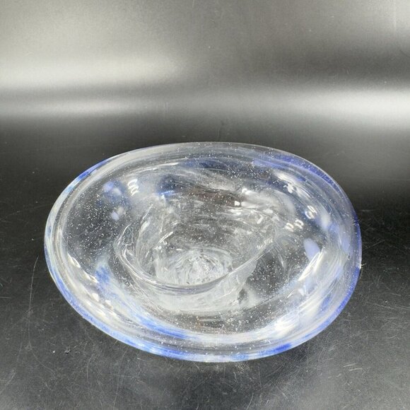 Vintage Hand Blown Art Glass Dish Bowl Clear With Blue Spots Hand Made Glass VTG - Picture 16 of 16
